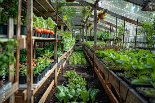 indoor vegetable garden in the greenhouse, growing tomatoes and lettuce © EnelEva