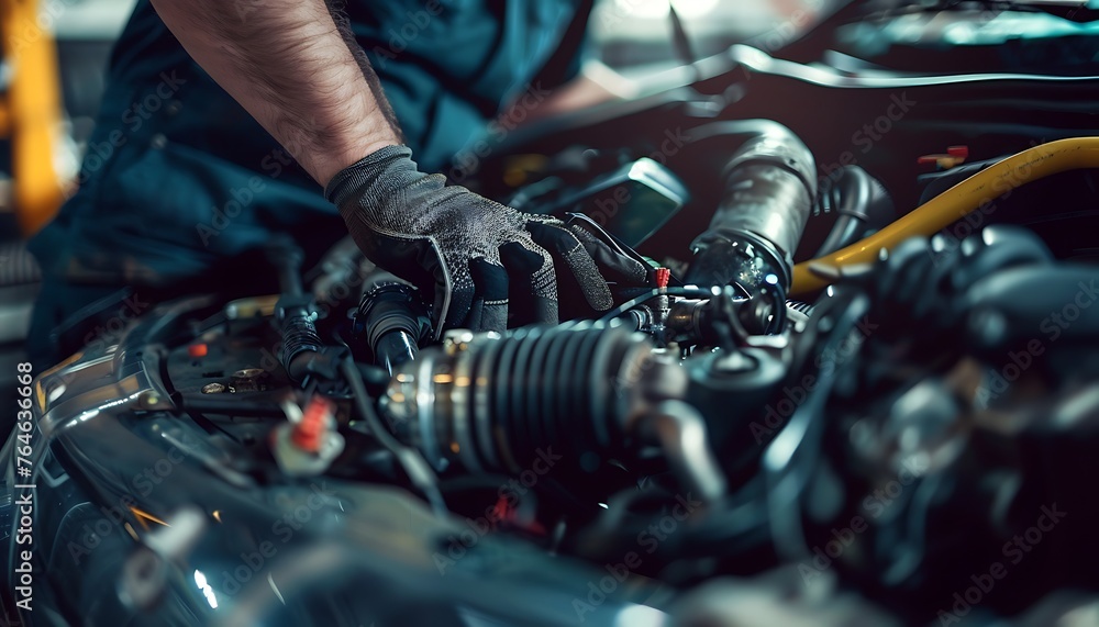 Obraz premium Precision Work, Turbocharger Installation in High-Performance Car