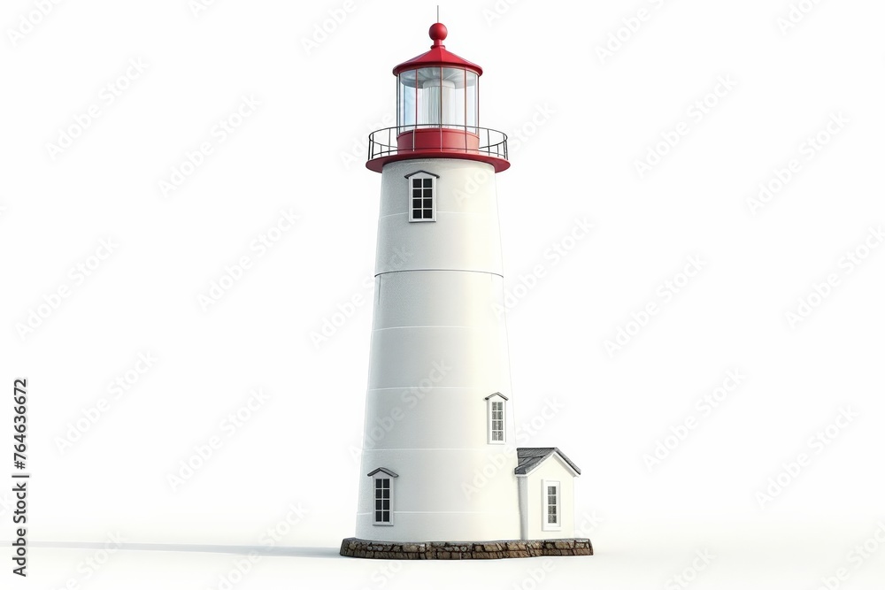 Classic white lighthouse with a red top on an isolated white background with ample copy space, ideal for conceptual graphics and maritime themes