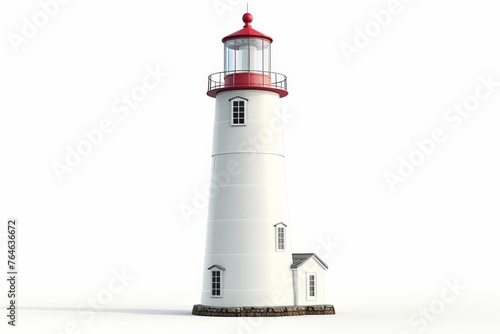 Classic white lighthouse with a red top on an isolated white background with ample copy space, ideal for conceptual graphics and maritime themes
