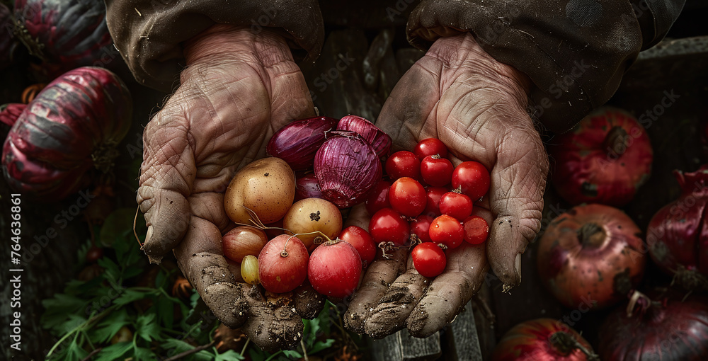 Fruits harvest. Farmers hands with freshly harvested fruits.copy space for text stock photo. Freshly harvested vegetables in farmer hands.Ai - obrazy, fototapety, plakaty 