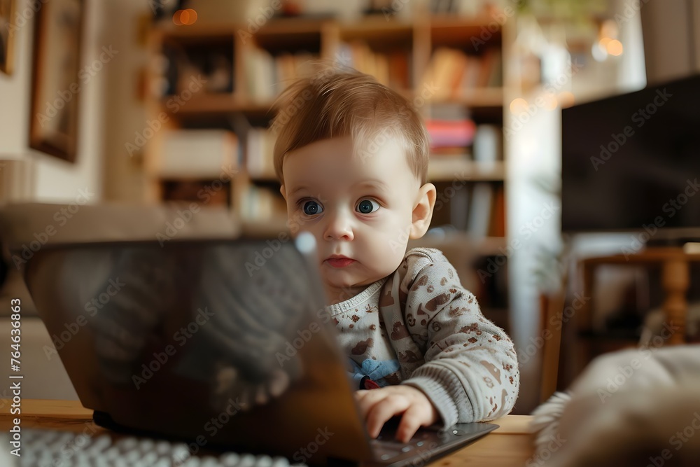 Baby boy in a home office using a laptop for a virtual meeting learning English in an elearning webinar. Concept Baby boy, Home office, Laptop, Virtual meeting, Elearning webinar Baby boy in a home office using a laptop for a virtual meeting learning English in an elearning webinar. Concept Baby boy, Home office, Laptop, Virtual meeting, Elearning webinar