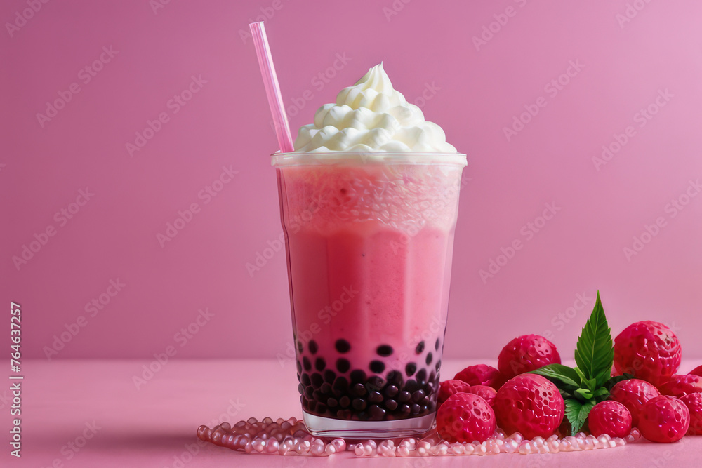 Cheery background highlighting a vibrant pink bubble tea garnished with whipped cream and tapioca pearls. Cheery background highlighting a vibrant pink bubble tea garnished with whipped cream and tapioca pearls.