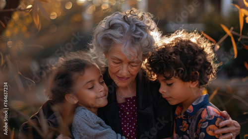 A grandmother shares a tender moment with her two grandchildren, their expressions filled with warmth and affection.