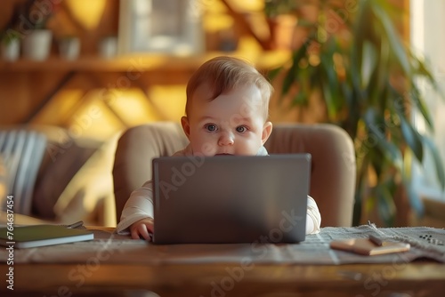 Child in a home office using a laptop for an English e-learning webinar. Concept Child, Home Office, Laptop, English E-Learning, Webinar