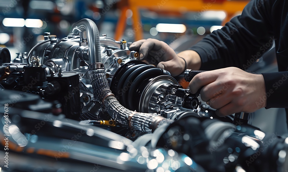 Fototapeta premium Precision Work, Turbocharger Installation in High-Performance Car