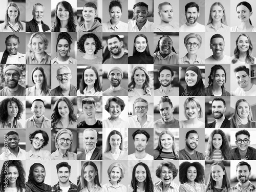 Black and white portrait, collage of multiracial smiling business people. Successful business, team, career, diversity concept