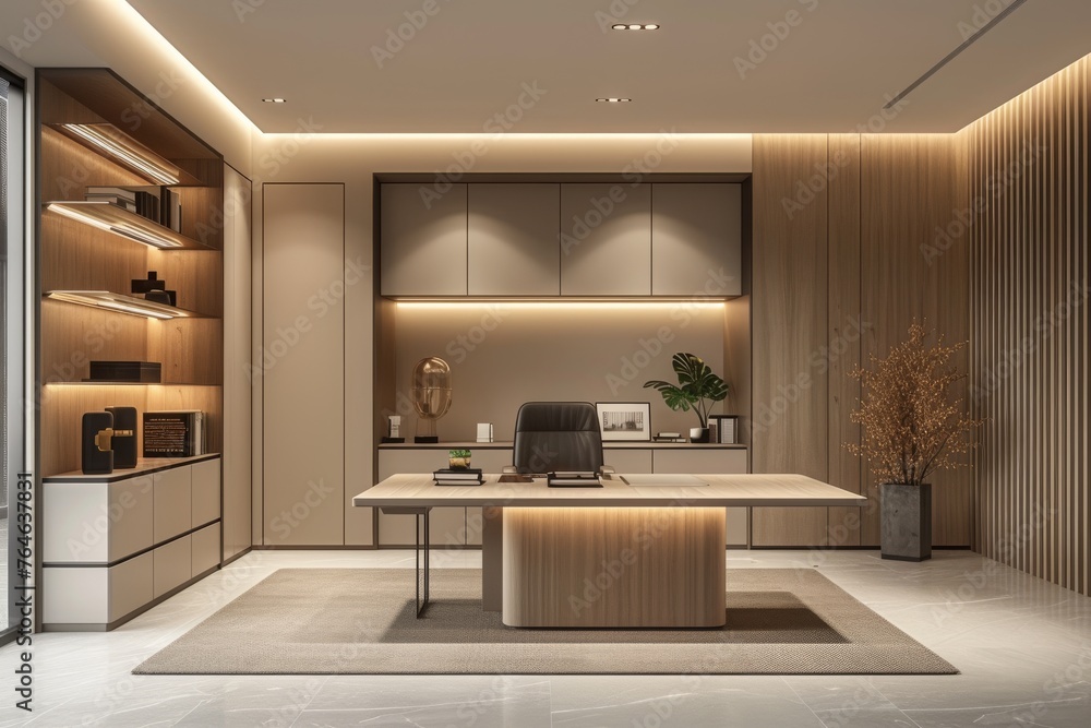 Fototapeta premium A minimalist modern office with a streamlined workstation