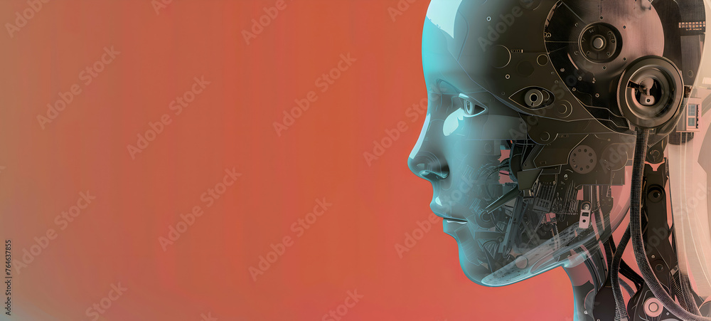 Humanoid Robot AI Portrait for Technology Presentations and Promotions. Space for Copy. Color background. Humanoid Robot AI Portrait for Technology Presentations and Promotions. Space for Copy. Color background.