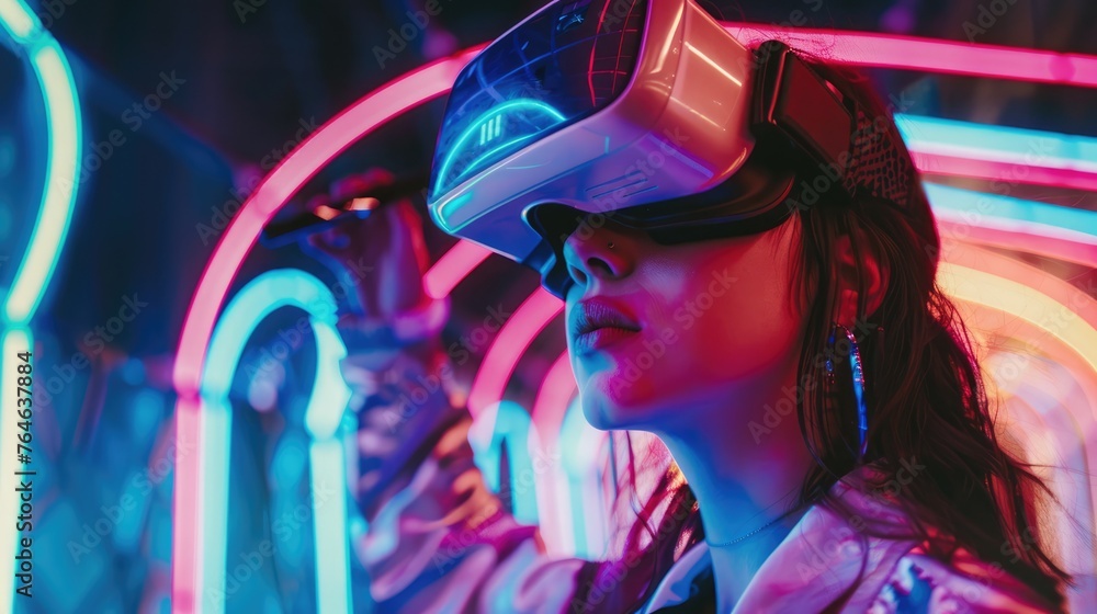 Young woman immersed in a virtual reality experience, surrounded by vibrant neon lights, highlighting the futuristic world of VR technology - AI generated Young woman immersed in a virtual reality experience, surrounded by vibrant neon lights, highlighting the futuristic world of VR technology - AI generated