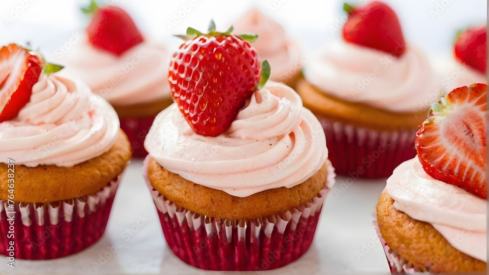 cupcakes with cream and strawberry, ai generated