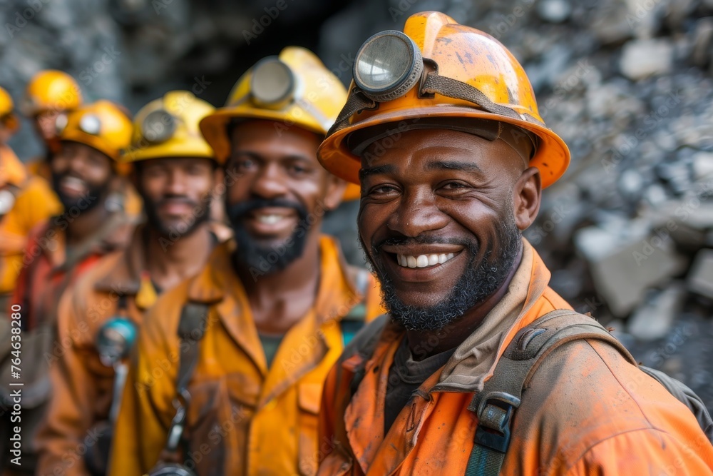 Portrait of smiling miners in safety gear with helmet lights Portrait of smiling miners in safety gear with helmet lights