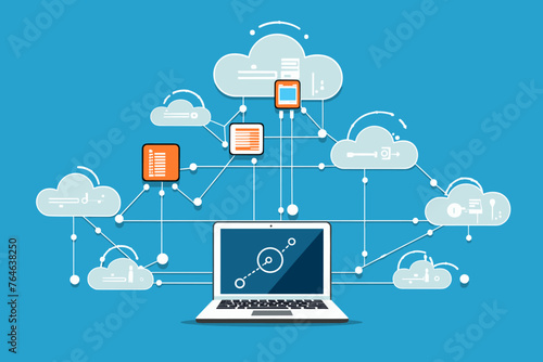 Cloud computing. A digital service or application with data transmission. Network computing technologies. Futuristic Server. Digital space. Data storage. Vector illustration