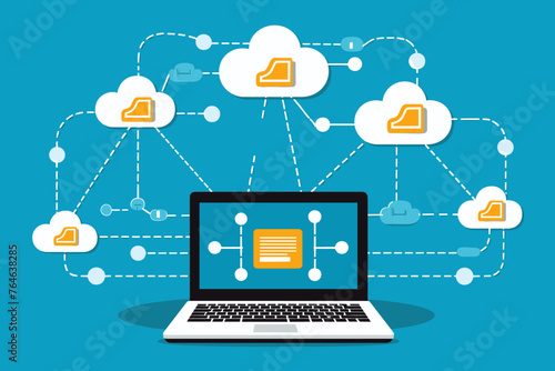 Cloud computing. A digital service or application with data transmission. Network computing technologies. Futuristic Server. Digital space. Data storage. Vector illustration