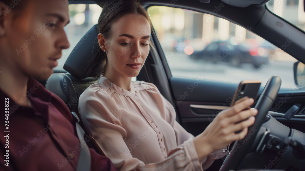 Two passengers engage with technology while seated in a car interior. Two passengers engage with technology while seated in a car interior.
