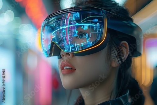 Close-up view of Asian woman immersed in augmented reality, wearing AR glasses for enhanced experience