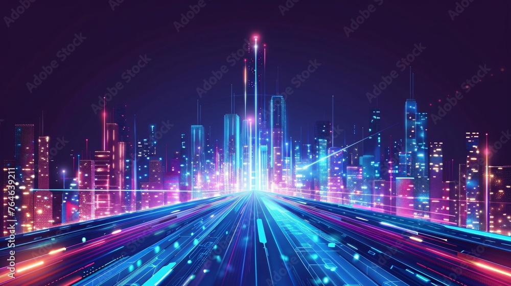 Abstract digital cityscape with glowing lines and skyscrapers