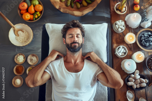 Overhead view of a young man lying on a massage table with food and ingredients and candles. Wellness concept.
