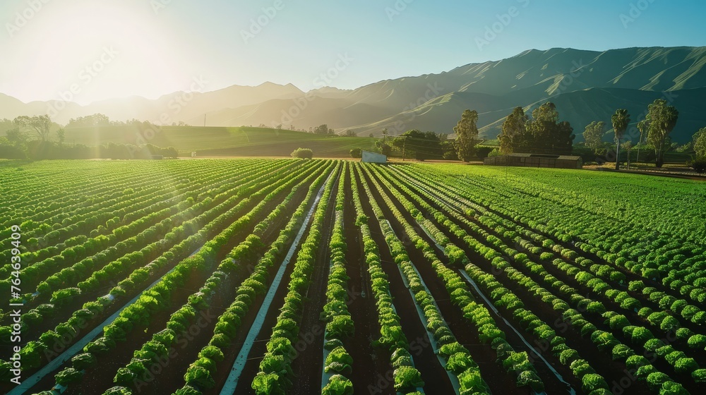 A pioneering lettuce field under the gentle care of irrigation systems powered by solar energy - obrazy, fototapety, plakaty 