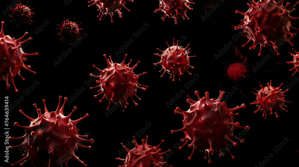 red virus particle with protruding spike proteins.