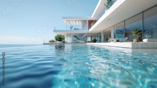 Sleek and modern villa with elegant poolside loungers in a lush garden setting © lemoncraft
