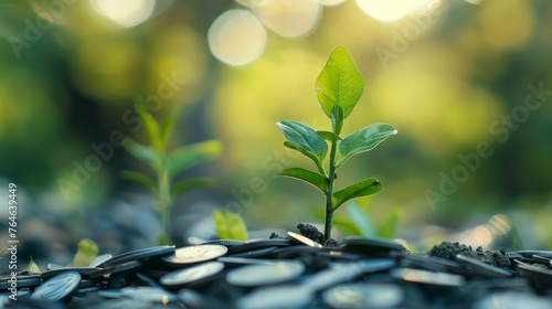 A compelling image of a young seedling sprouting from a pile of coins against a natural backdrop © Chingiz
