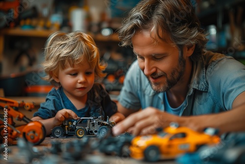Father and son bond over toy car repairs  sharing skills and creating lasting memories together