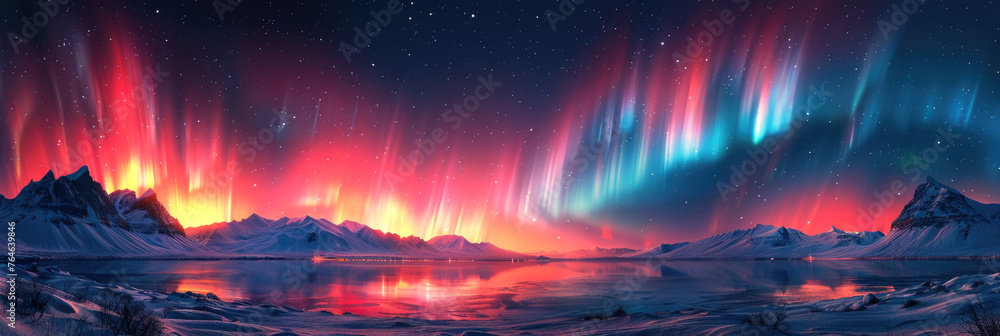 Northern lights on a snowy picturesque landscape - an opportunity to enjoy unique nature. Banner.