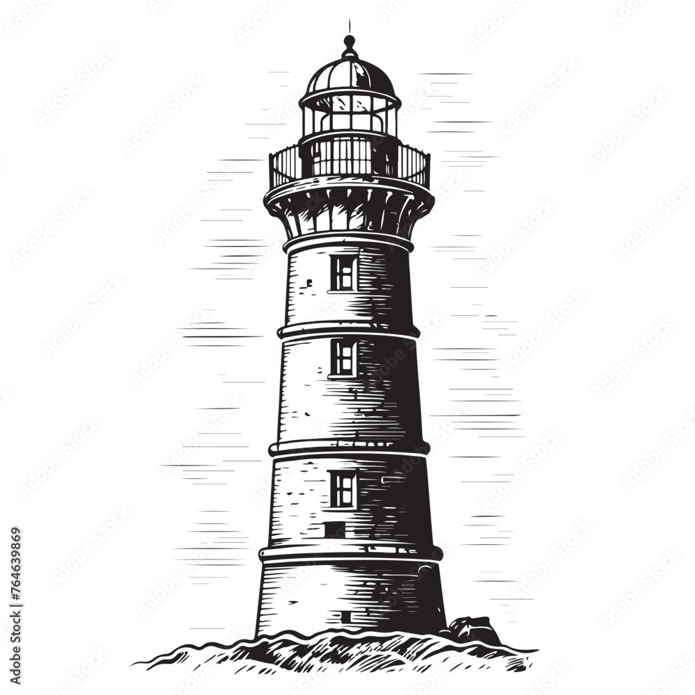 Lighthouse on the seaside sketch hand drawn Vector illustration