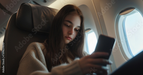 Lifestyle portrait of teenage girl passenger looking at cell phone on airplane flight © Elena