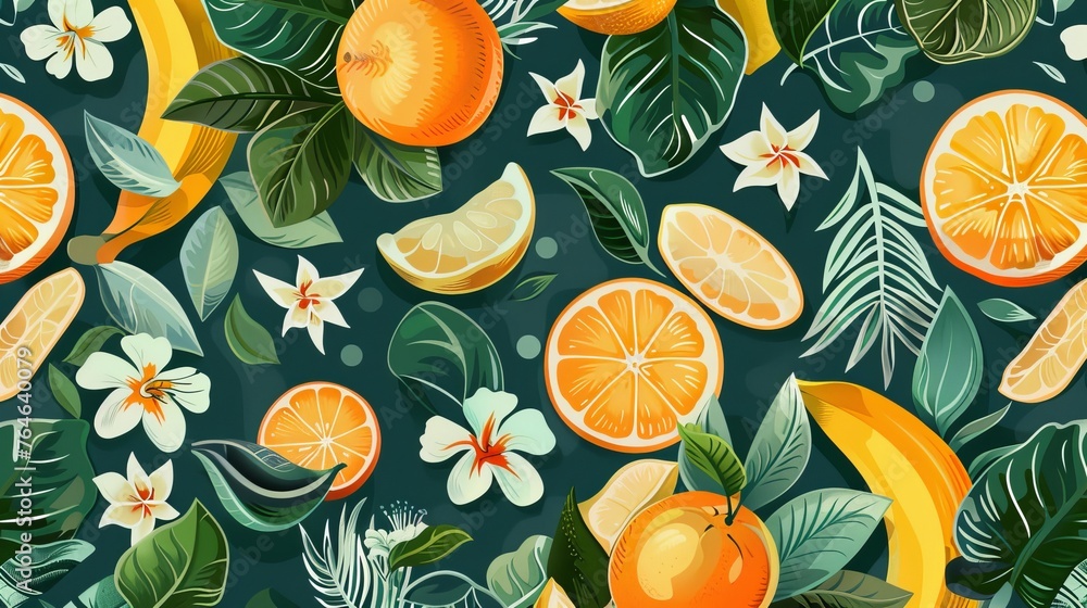 A vibrant and beautiful seamless pattern that celebrates summer vacation with a focus on summer fruits A vibrant and beautiful seamless pattern that celebrates summer vacation with a focus on summer fruits