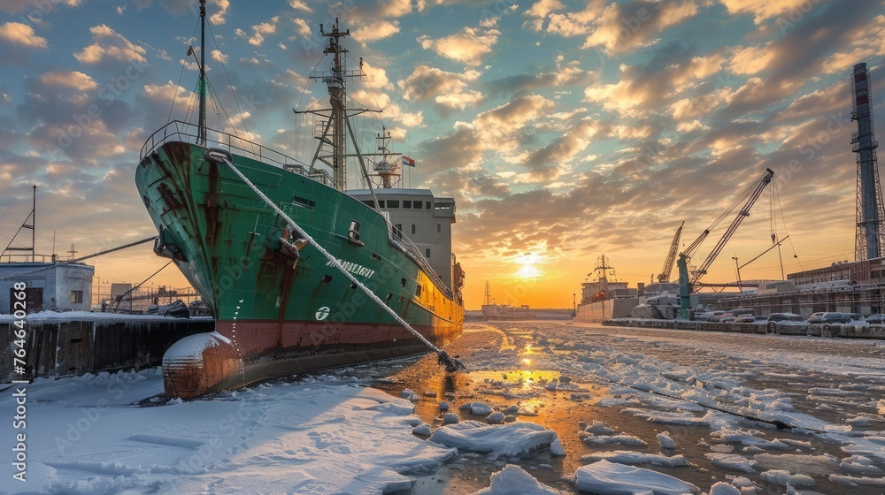 A serene image of a cargo ship docked in the harbor