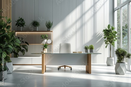 A minimalist office interior with a sculptural plant stand