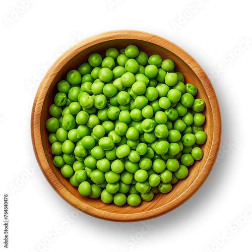 Green peas in wooden bowl isolated on transparent or white background, png