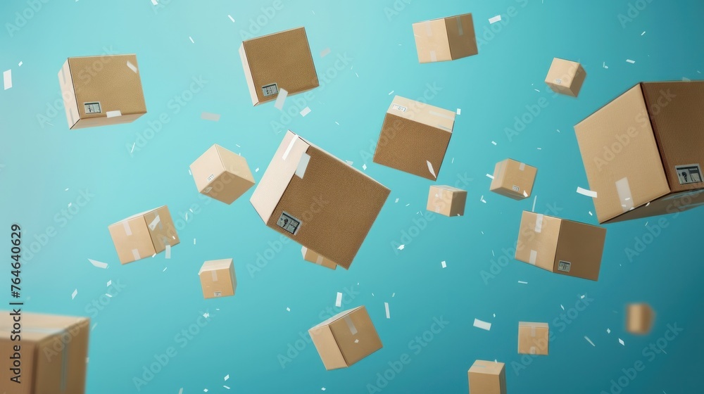 A whimsical image of closed and taped cardboard boxes appearing to fly