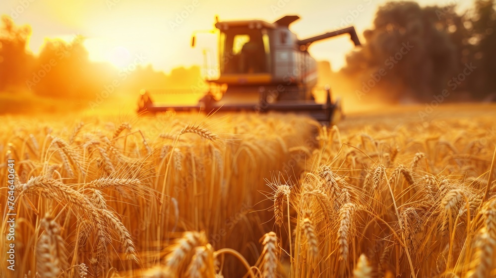 A powerful image of a combine harvester in action, cutting through a field of ripe wheat A powerful image of a combine harvester in action, cutting through a field of ripe wheat