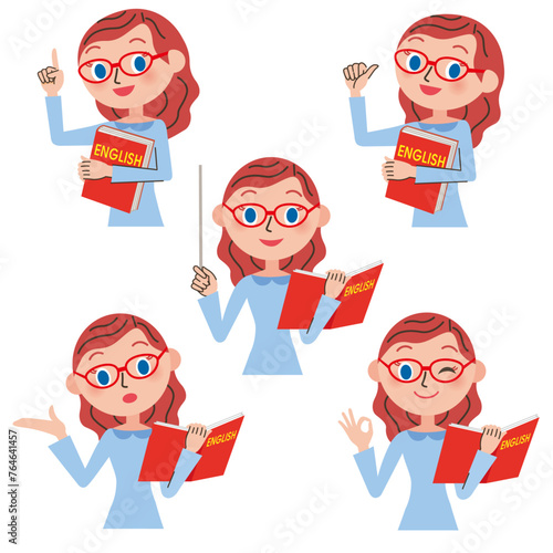 英語を教える女の先生の色々なポーズ