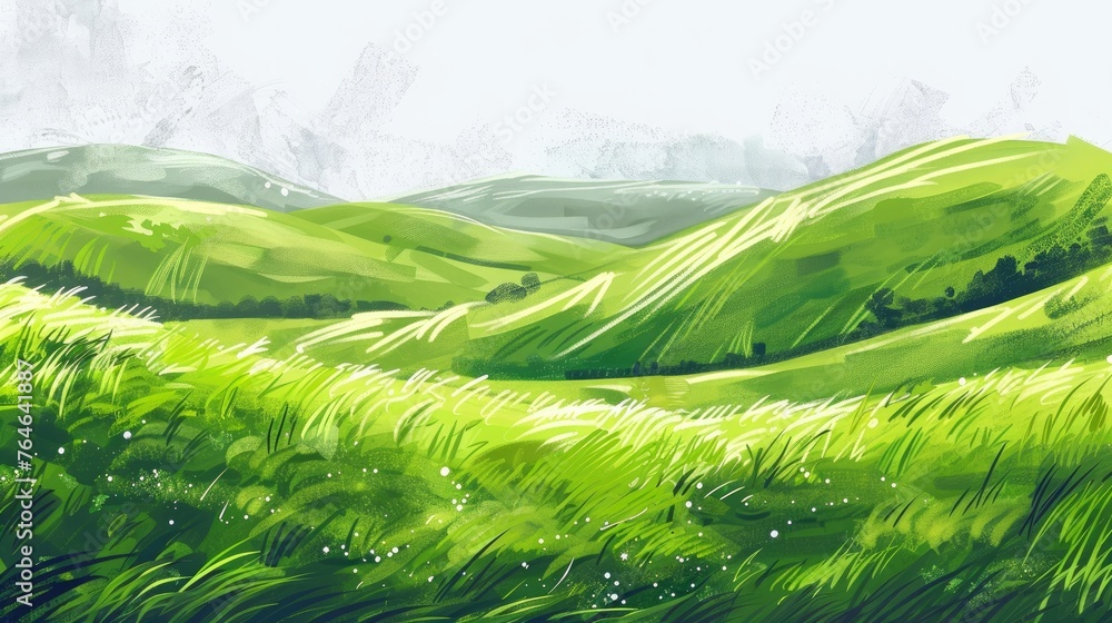 An idyllic scene of green grass fields stretching over gentle hills - obrazy, fototapety, plakaty 