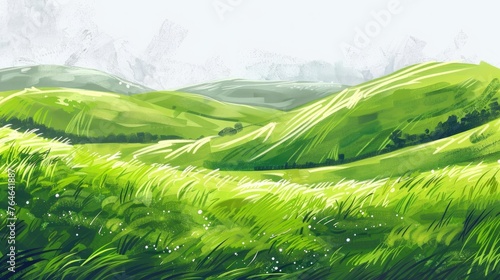 An idyllic scene of green grass fields stretching over gentle hills
