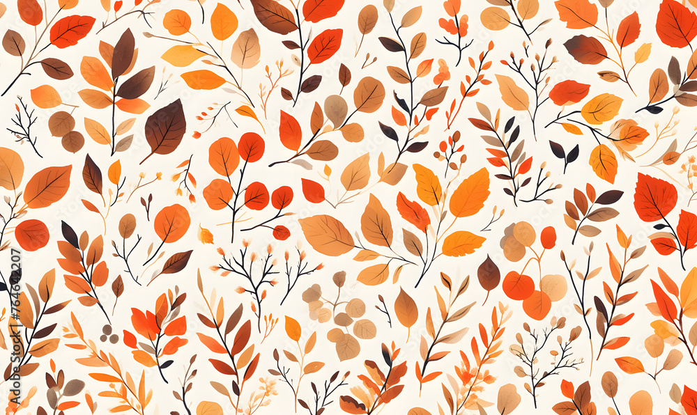 Pattern of colorful autumn leaves and branches on white background, Generative AI Pattern of colorful autumn leaves and branches on white background, Generative AI