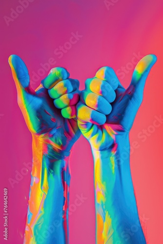 Hand with thumb up and pink background. Hand is painted in rainbow of colors