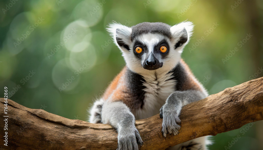 Fototapeta premium Portrait of cute lemur on wooden branch. Green blurred backdrop.