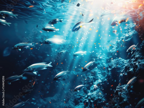 School of fish swimming in ocean. Fish are scattered throughout water, with some closer to surface and others deeper down. Sunlight is shining on water, creating beautiful © vefimov