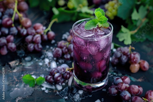 Glass of purple drink with sprig of mint on top. Drink is surrounded by grapes and ice