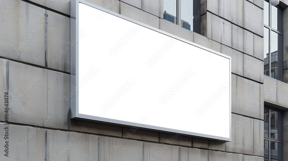 White sign is hanging on brick wall. Sign is blank, which gives it clean and minimalist look. White color of sign contrasts with gray and brown color of brick wall White sign is hanging on brick wall. Sign is blank, which gives it clean and minimalist look. White color of sign contrasts with gray and brown color of brick wall