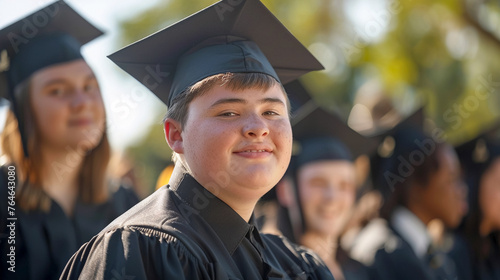 portrait of student in black graduation cap and gowns with down syndrome. 