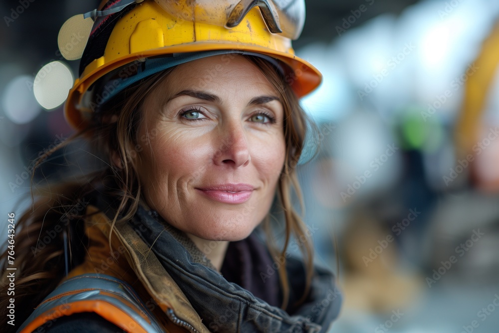 Woman dons construction gear, hard hat and vest, engaged in construction site activities Woman dons construction gear, hard hat and vest, engaged in construction site activities