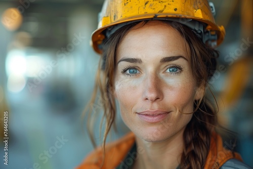 Woman dons construction gear, hard hat and vest, engaged in construction site activities