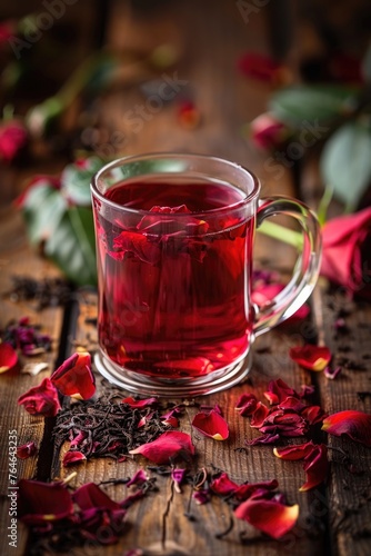 Mug of red tea with rose petals on wooden table
