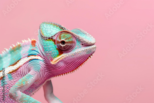 
pastel rainbow colored chameleon on a pink background